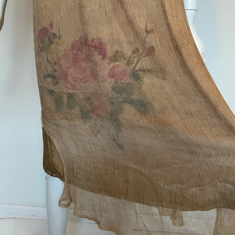 100% Silk Women's Beige Nude Sheer Crinkle Floral Print Midi Dress Size L NWT - Picture 4 of 12